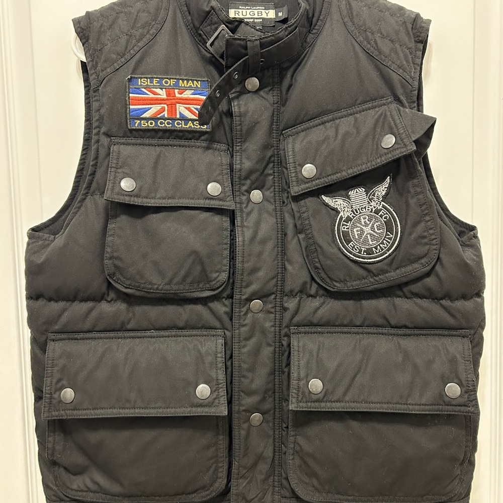Ralph Lauren Rugby Black Down Quilted Puffer Vest with Stand-Up Collar